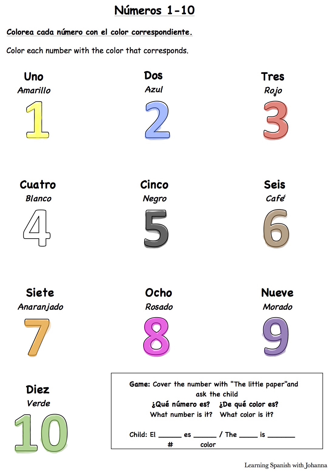 Worksheet Numbers 1 10 Learning Spanish With Johanna