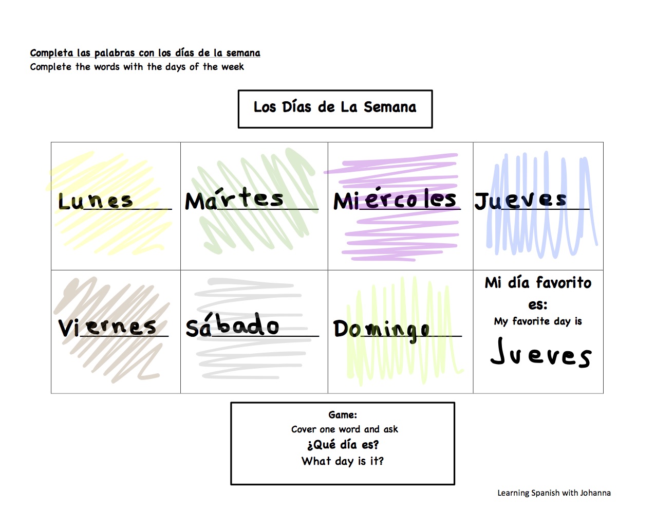 Worksheet – Days of the Week | Learning Spanish with Johanna