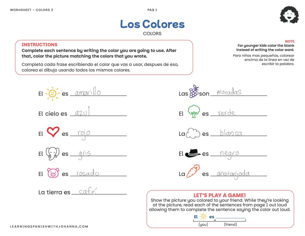 Worksheet – Colors | Learning Spanish with Johanna